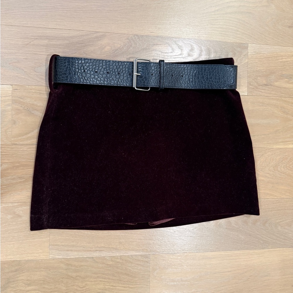 Commense Burgundy Velvet Mini Skirt with Black Belt